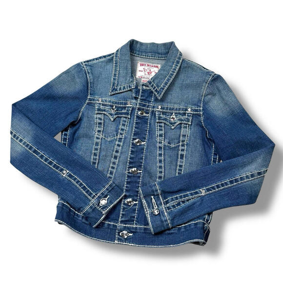 True Religion Women’s Disco Emily Big T Denim Jacket Size S Rainstone Button Y2K - Picture 1 of 13